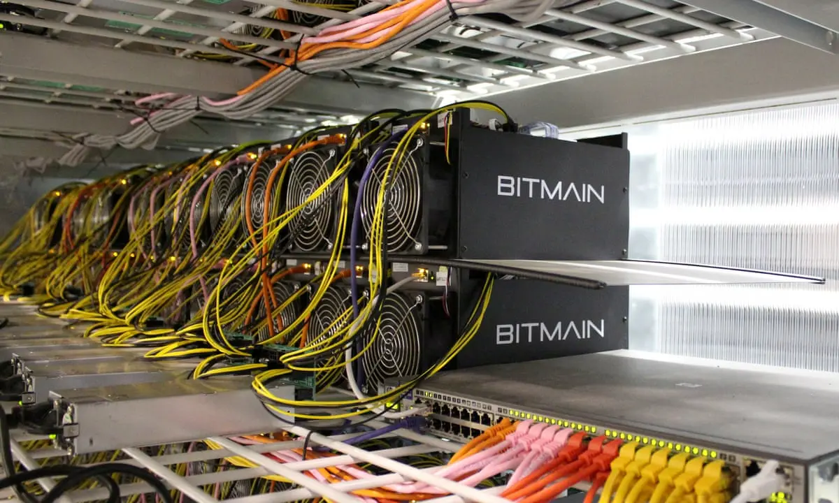 Rows of Bitmain Bitcoin mining ASIC hardware servers with yellow and purple cabling in a data center