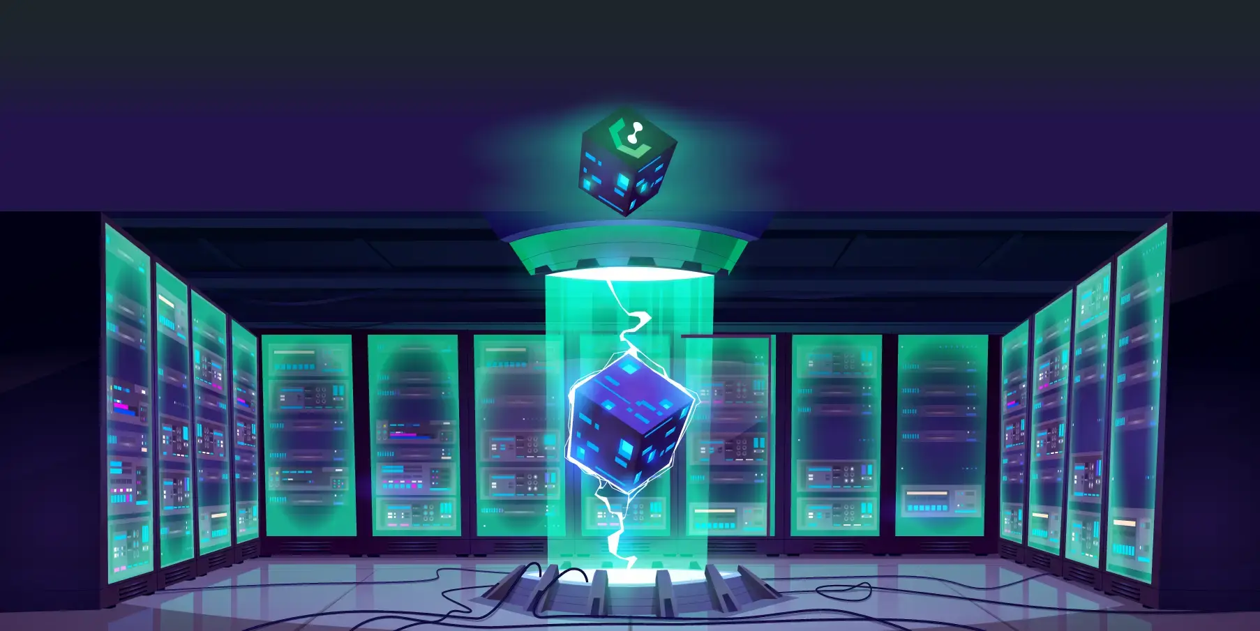 Stylized illustration of a server room with glowing green racks and a floating digital cube in a light beam