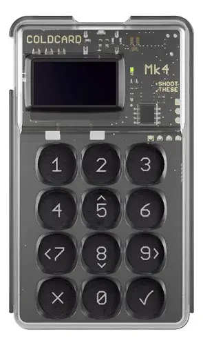 Coldcard Mk4 Bitcoin hardware wallet with a transparent case and numeric keypad