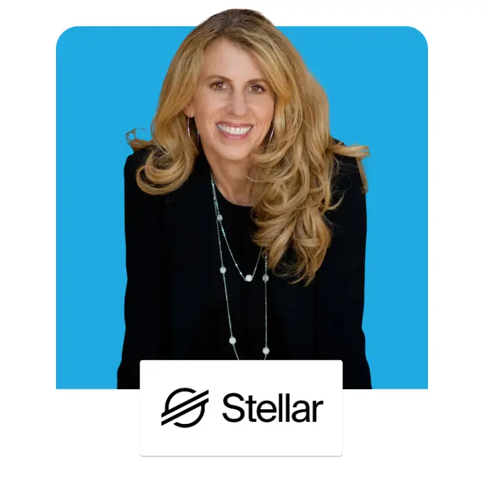 Portrait of Denelle Dixon smiling against a blue background with the Stellar logo below.