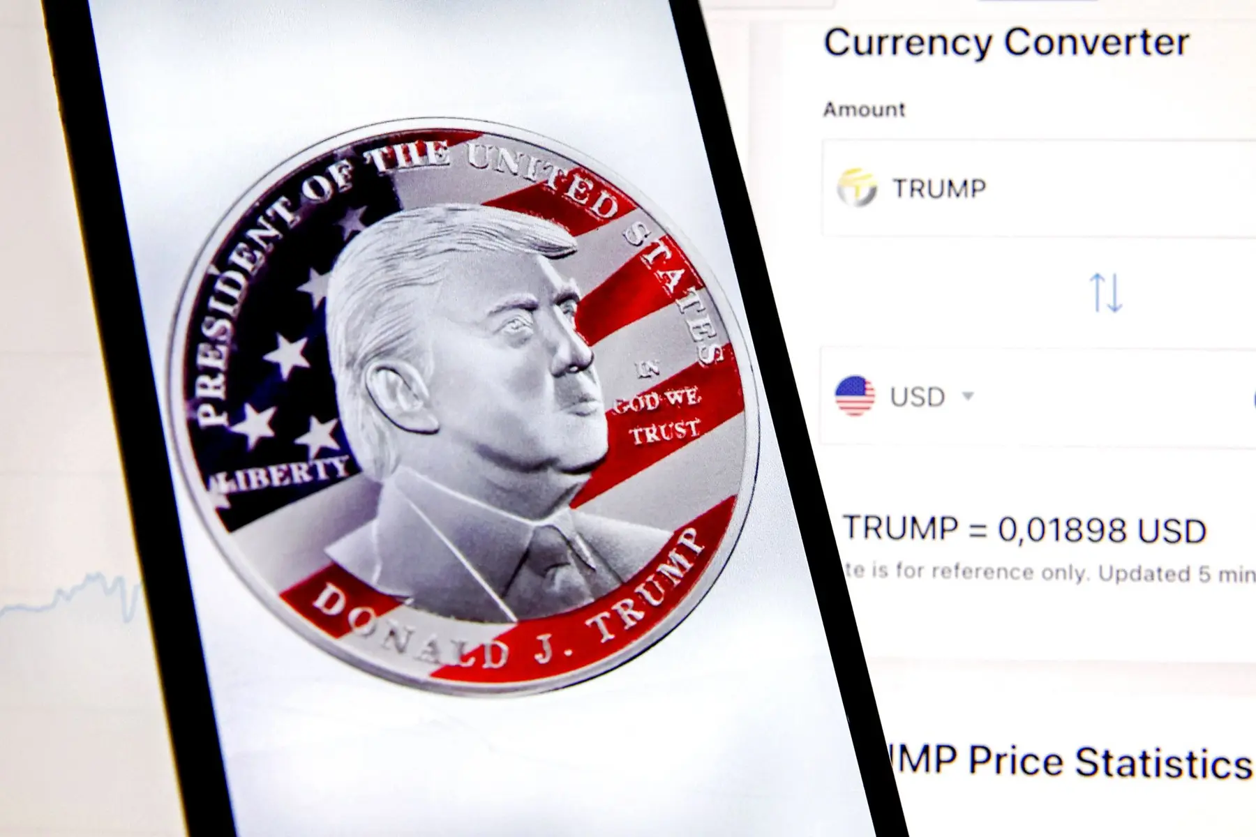 A digital screen showing a Donald Trump themed cryptocurrency coin next to a USD currency converter.