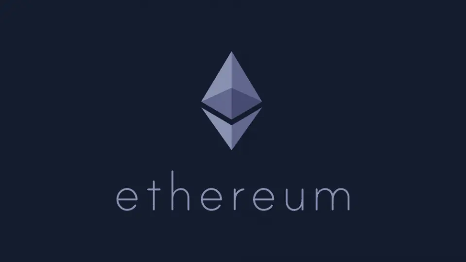 Ethereum logo and wordmark in white and grey on a dark navy blue background