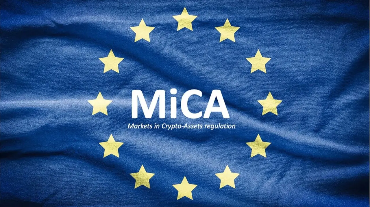 The text MiCA and Markets in Crypto-Assets regulation overlaid on a blue European Union flag with gold stars.