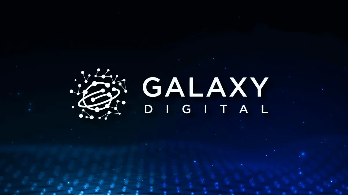 Galaxy Digital logo with a stylized atomic network icon on a dark blue digital background