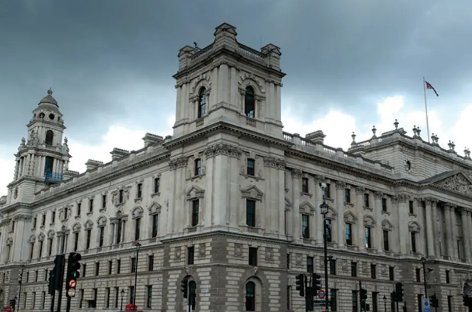 Exterior view of the neoclassical HM Revenue and Customs building in London under a cloudy sky