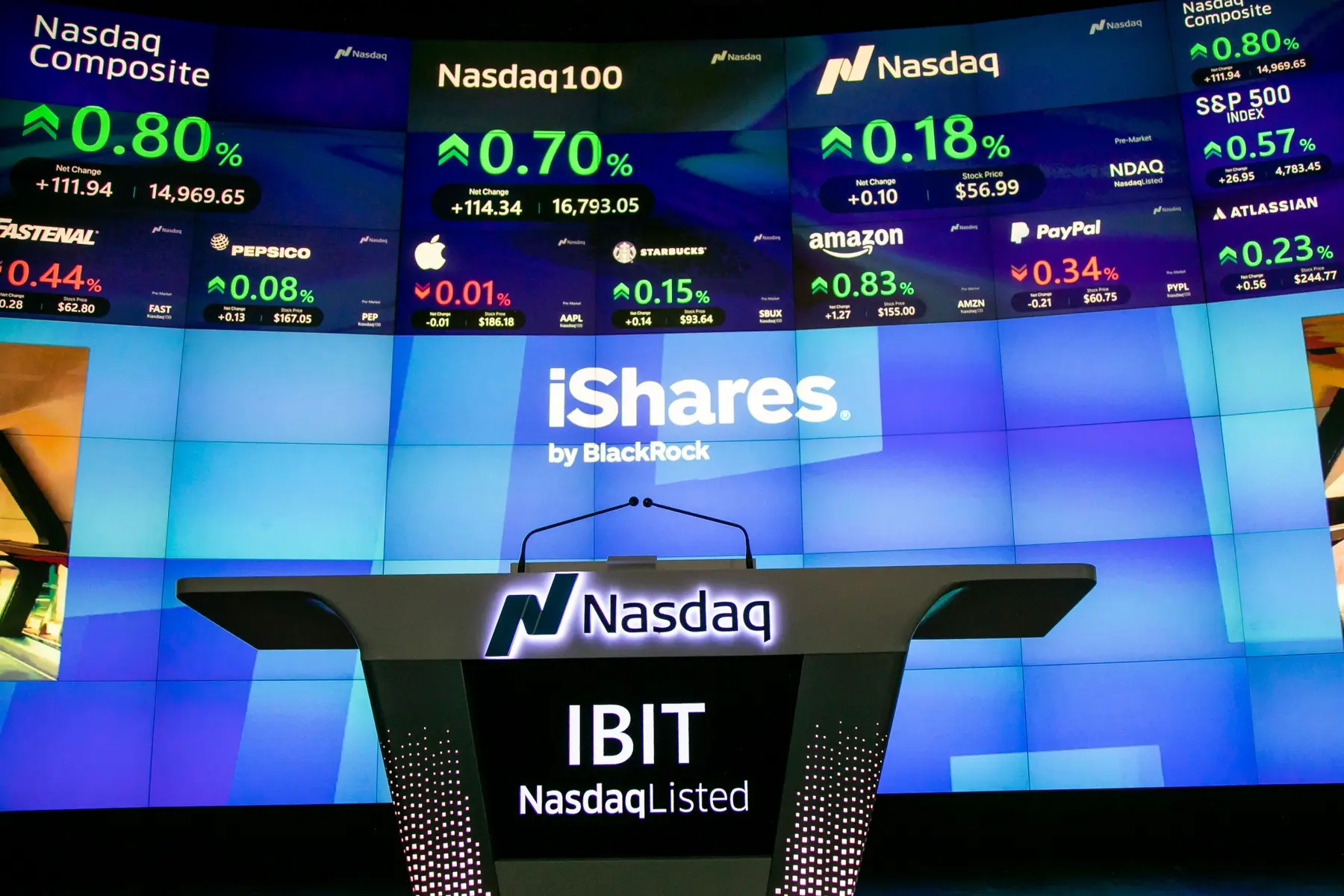Nasdaq podium displaying the IBIT ticker symbol with iShares by BlackRock logo on a digital backdrop