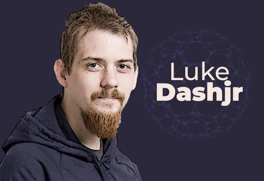 Portrait of Bitcoin developer Luke Dashjr against a dark purple background with his name and a network graphic.