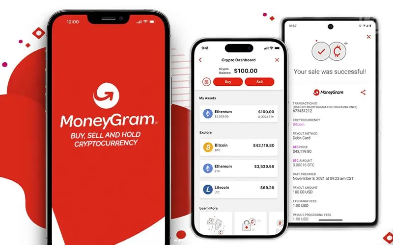 Three smartphones displaying the MoneyGram app interface for buying, selling, and managing cryptocurrency.