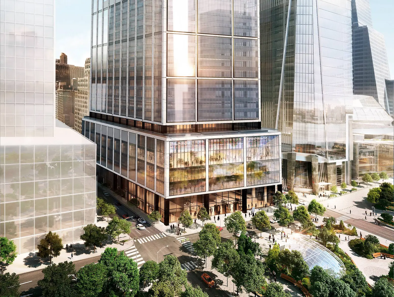 Architectural rendering of the Morgan Stanley headquarters building in New York City featuring glass facades