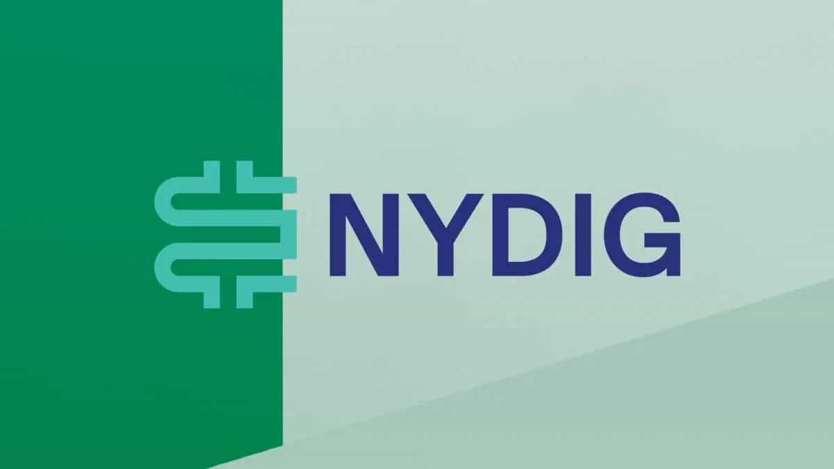 NYDIG company logo with a stylized green geometric icon on a green and grey background