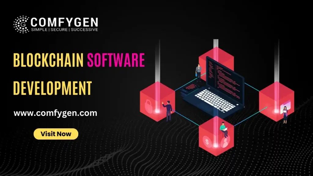 Isometric illustration of a laptop showing code surrounded by red glowing blockchain cubes and tiny people.