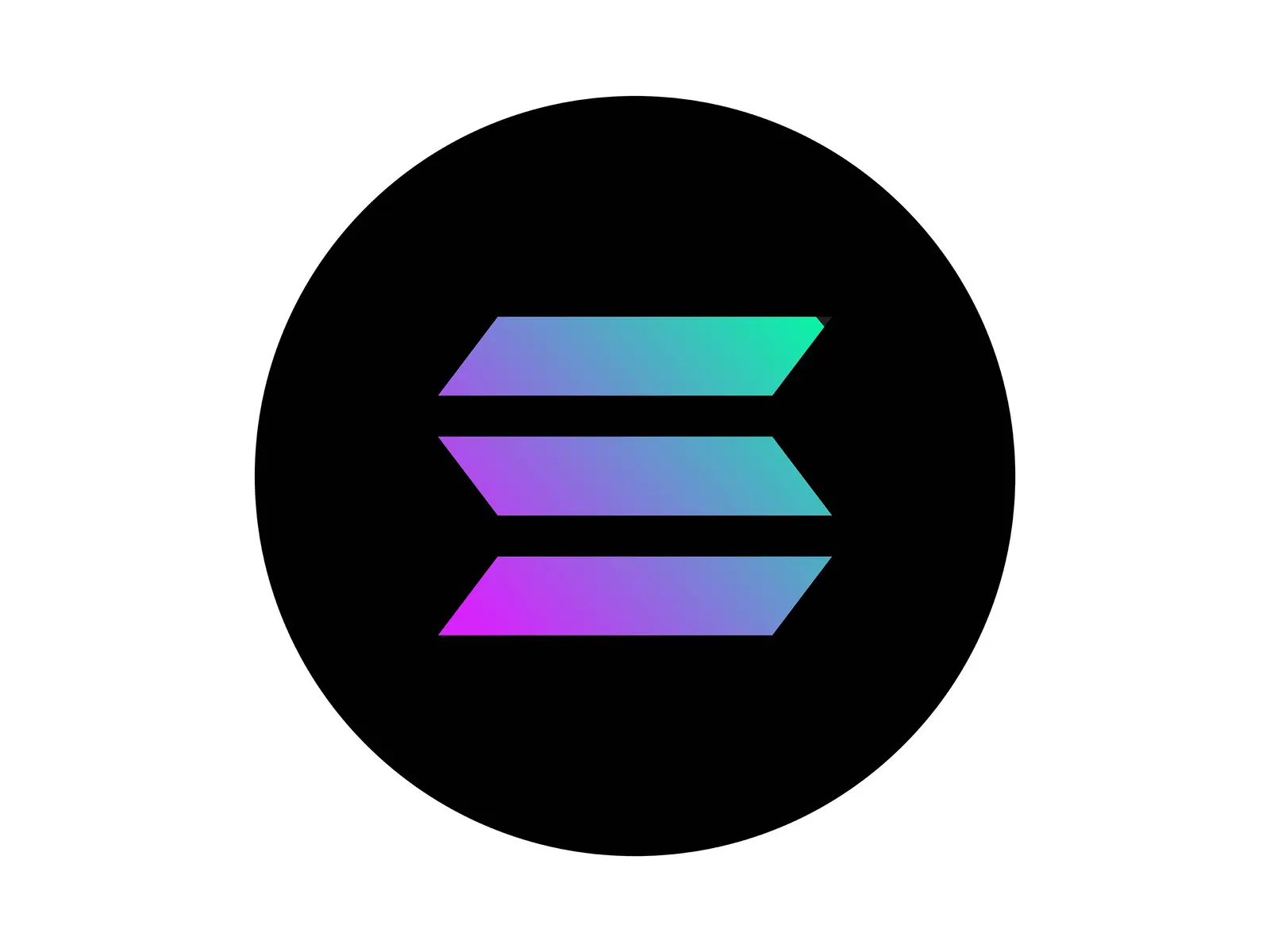 Solana cryptocurrency logo featuring a stylized gradient S inside a black circle on a white background
