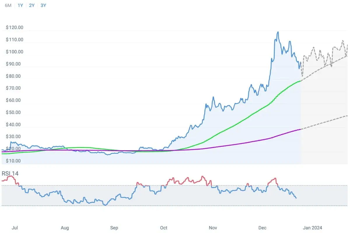Financial price chart showing SOL cryptocurrency price growth from July to January 2024 with RSI indicator