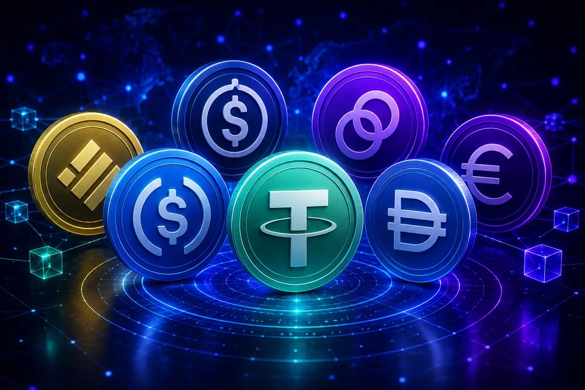 3D rendered digital coins featuring USDT, USDC, and other currency symbols on a futuristic blue tech background