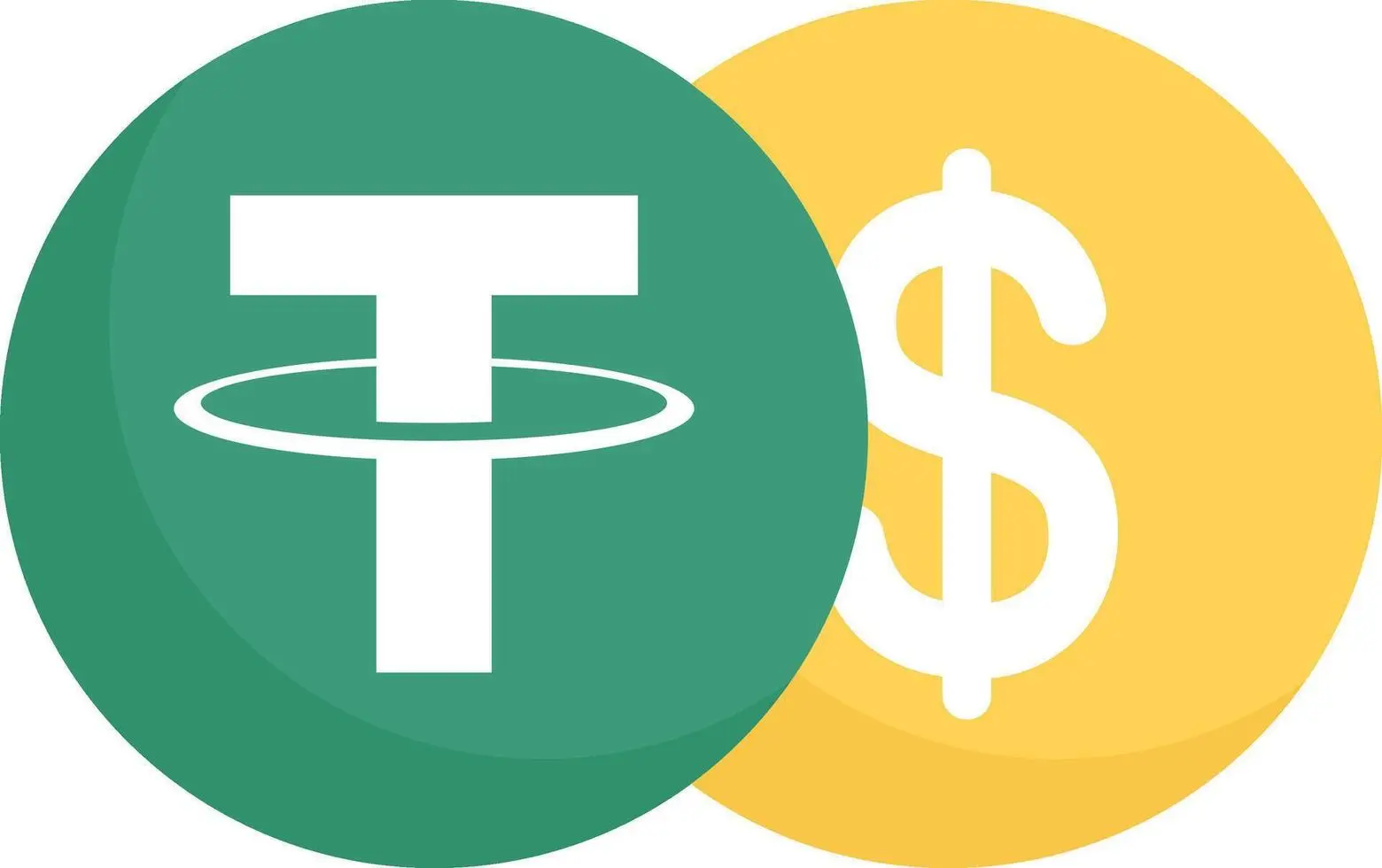 Tether cryptocurrency logo on a green coin next to a US dollar sign on a gold coin