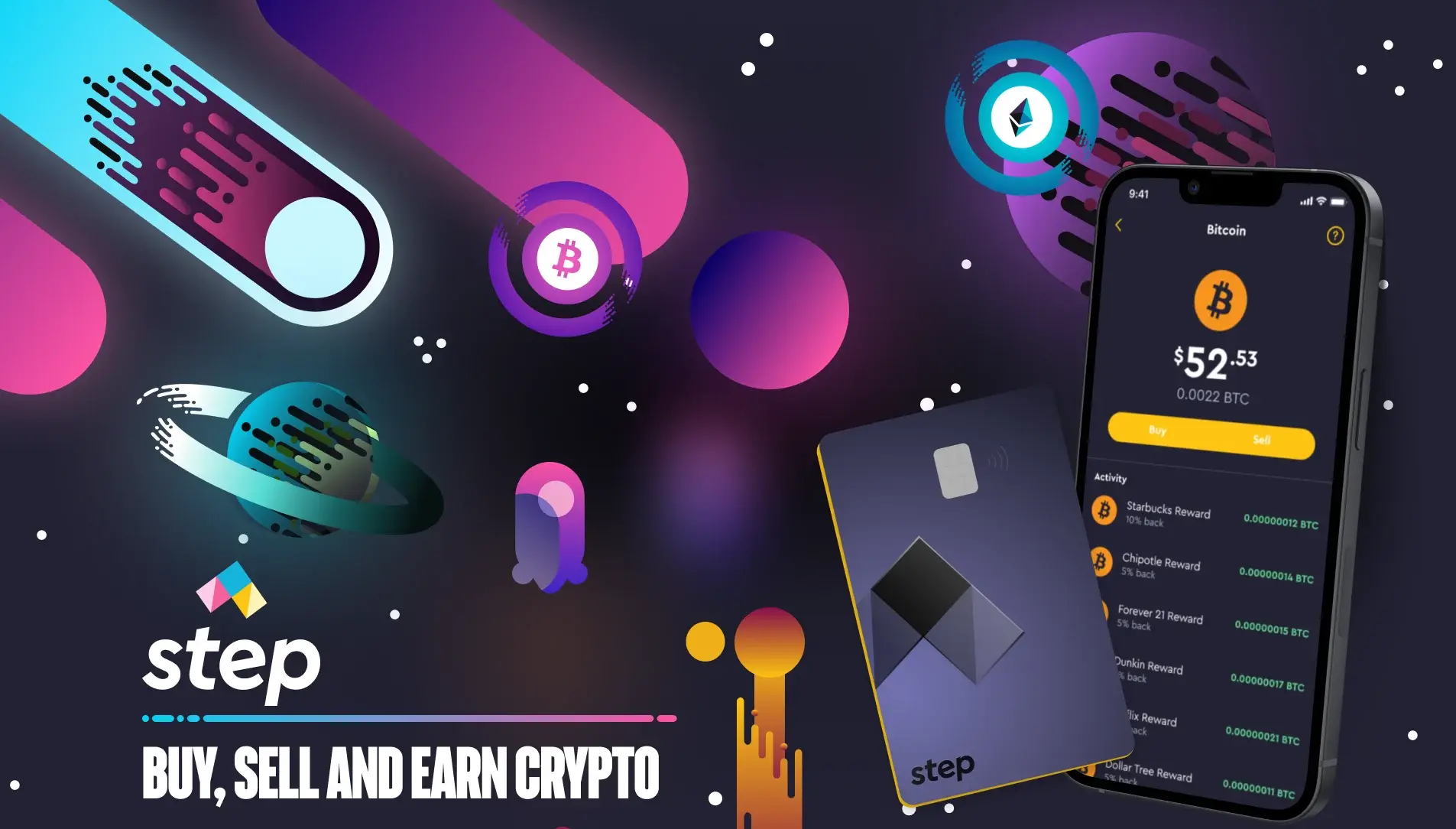 Smartphone displaying a Bitcoin trading app next to a Step branded crypto debit card on a cosmic background