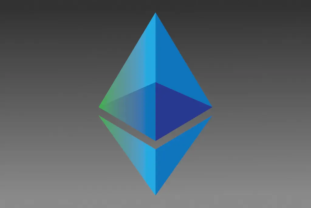 Das Logo von Ethereum in blauen und grünen Farbtönen auf einem grauen Hintergrund.