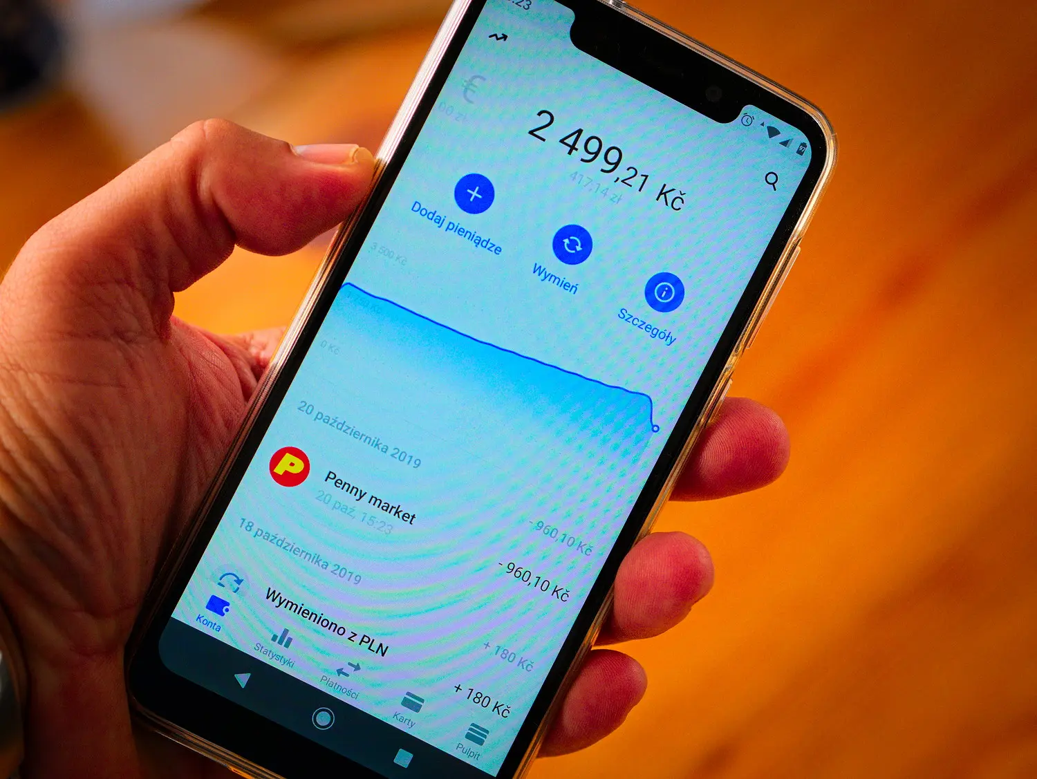 Eine Hand hält ein Smartphone, auf dem die Benutzeroberfläche der Revolut-App in polnischer Sprache zu sehen ist.