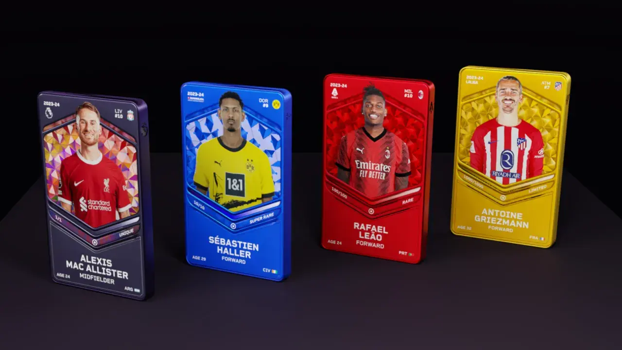 Four colorful Sorare digital soccer cards featuring Alexis Mac Allister, Sébastien Haller, Rafael Leão, and Antoine Griezmann