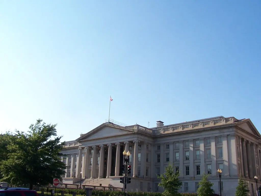 Die Außenansicht des Gebäudes des US-Finanzministeriums in Washington, D.C.