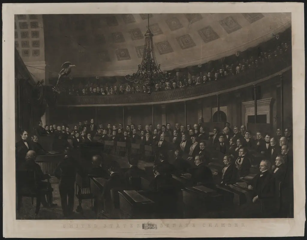 Historische Schwarz-Weiß-Fotografie der Versammlung im US-Senat.