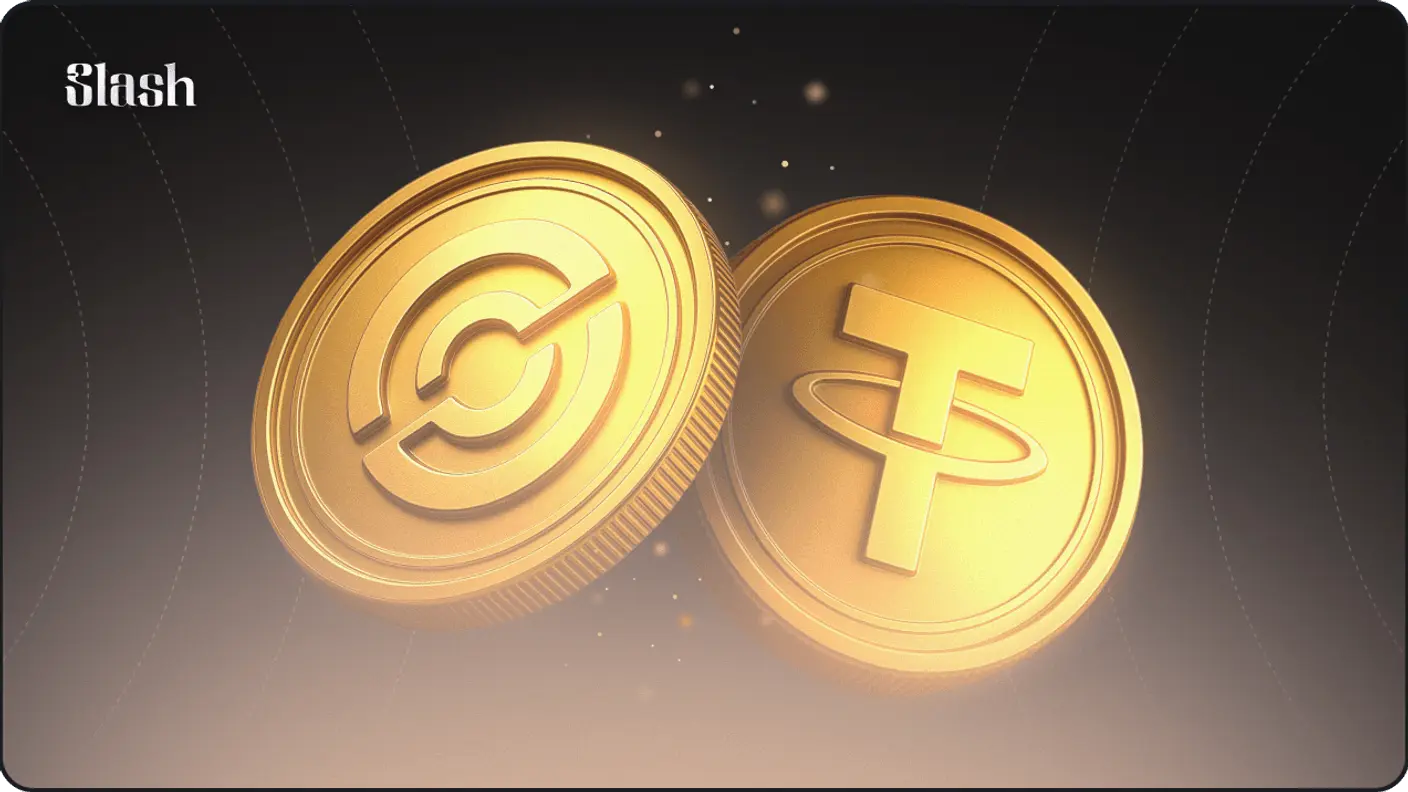 Two gold 3D coins featuring the USDC and Tether (USDT) stablecoin logos on a dark gradient background.