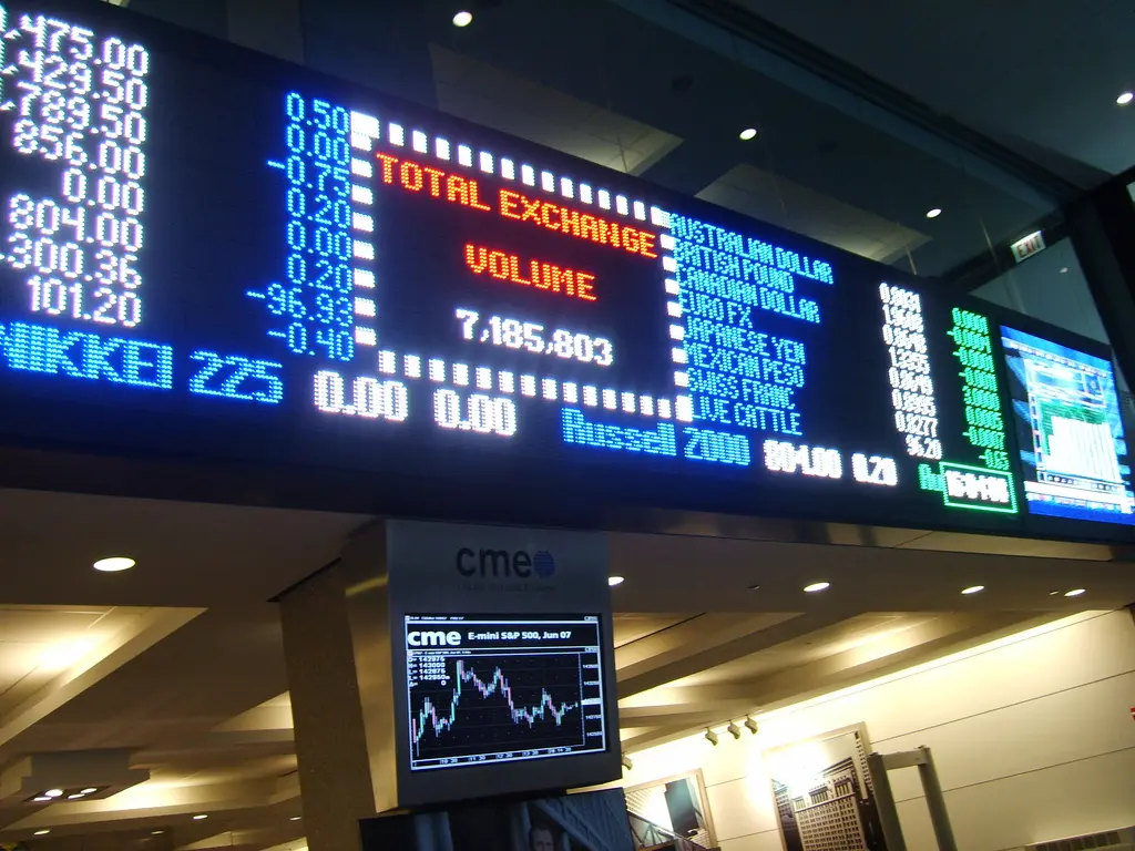 Digitale Anzeigetafel mit Börsenkursen und dem CME-Logo der Chicago Mercantile Exchange.