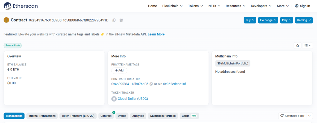 Imagen del contrato inteligente de USDG - Robinhood