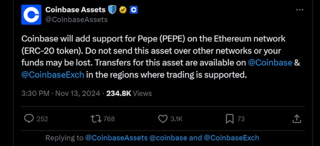 El precio de PEPE aumentó un 77% con el anuncio de Coinbase