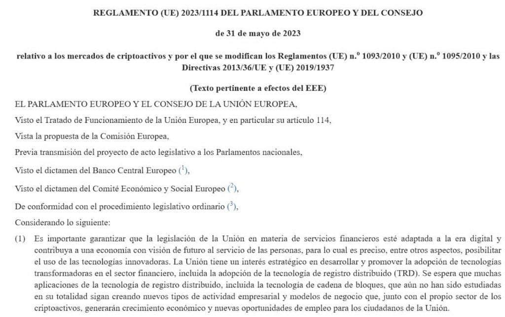 Extracto del reglamento europeo de criptomonedas en el que se apoyará Quantoz
