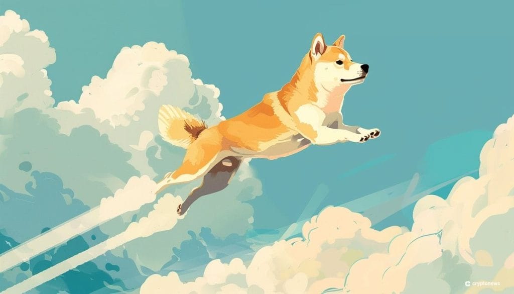 Dogecoin koira lentää taivaalla