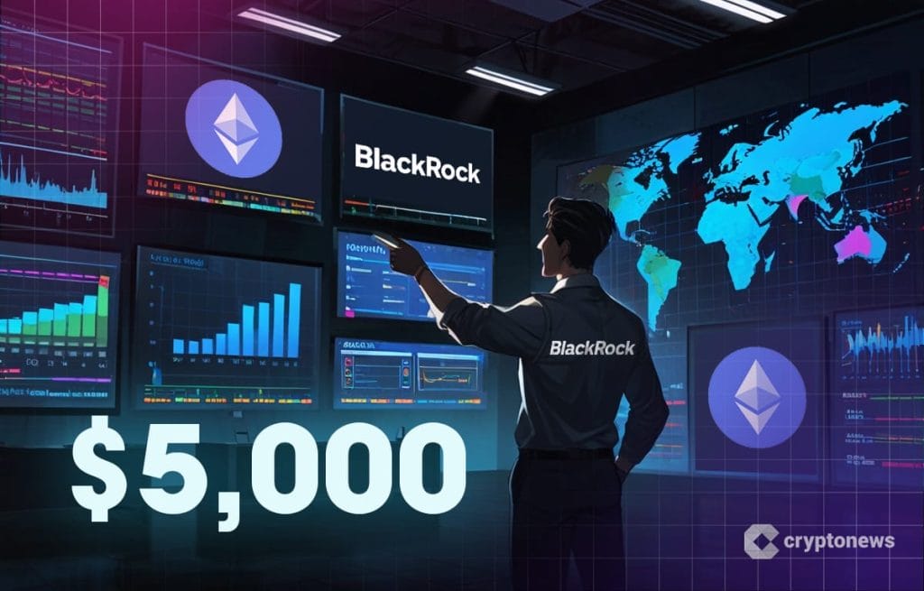 Ethereum ja Blackrock logot ja 5000 dollaria isolla näytöllä, jossa myös kurssikäyriä.