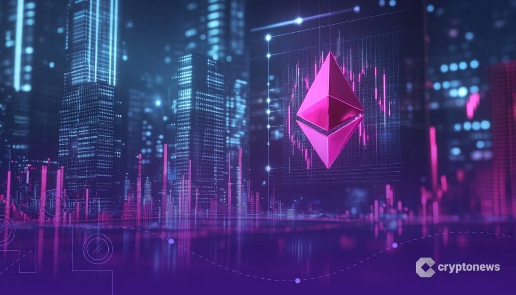 Ethereum logo futuristisessa kaupunkimaisemassa.