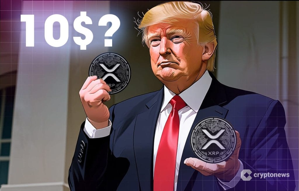 Donald Trump XRP logoja käsissään.