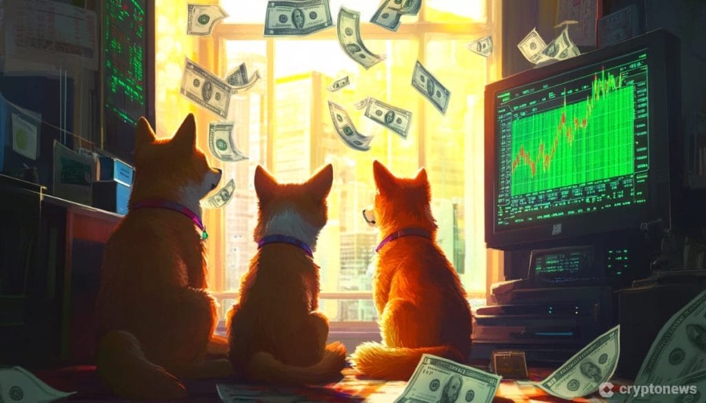 Shiba inu koiria ja lentäviä dollarin seteleitä