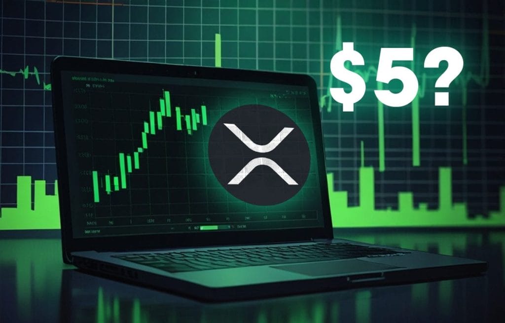 XRP kolikko, kurssikäyrä ja 5 dollaria kysymysmerkillä.