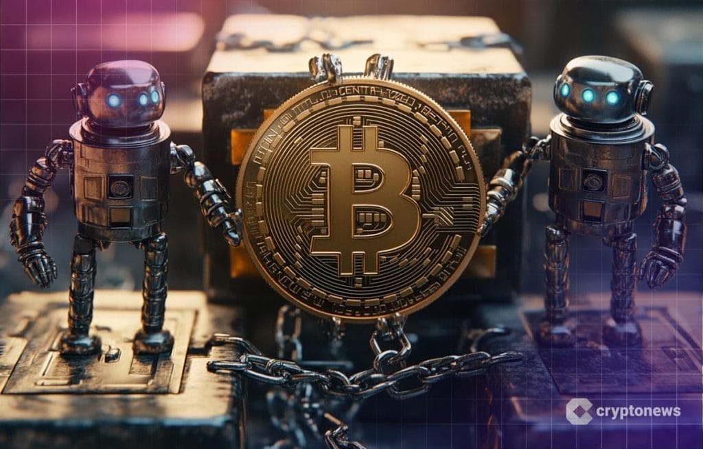 AI agentit kuvassa robotit pitävät bitcoinia kahleissa.