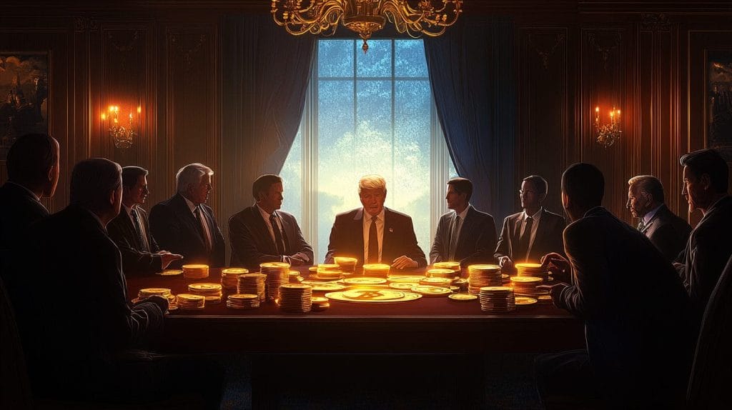 XRP kuvituksessa Trump istuu pöytänsä takana. Kolikot kiiltelevät pöydällä.