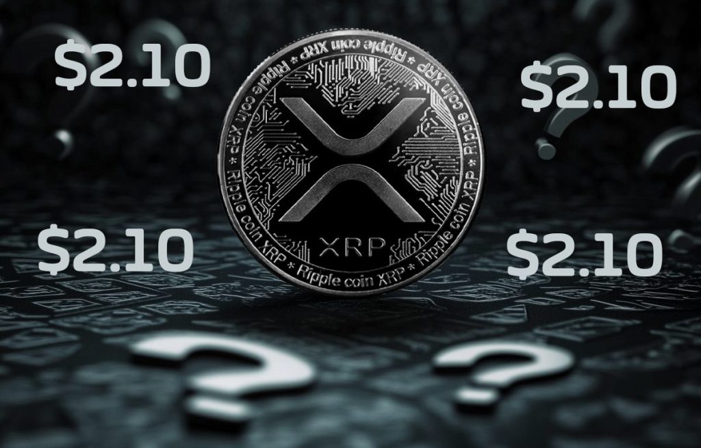 XRP kolikko ja 2,10 dollariarvoja sen ympärillä.