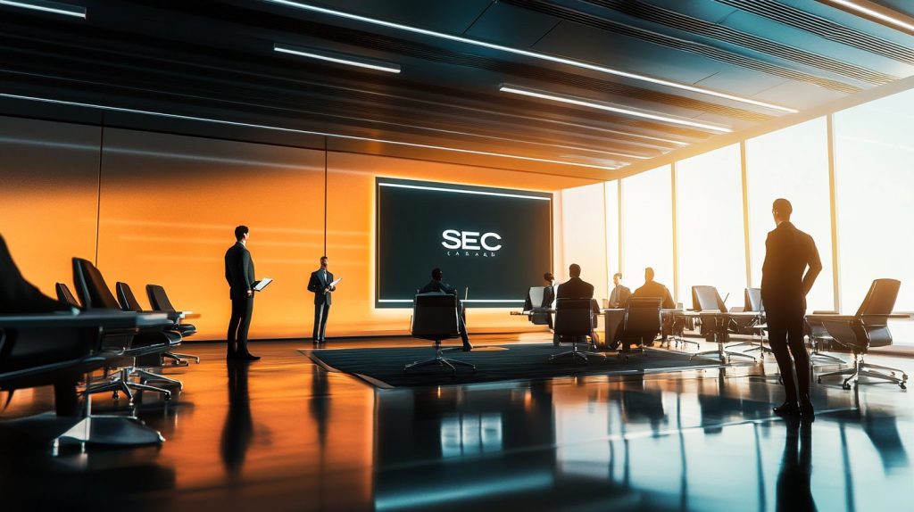 Solana etf kuvassa miehiä kokoushuoneessa ja isolla ruudulla lukee SEC