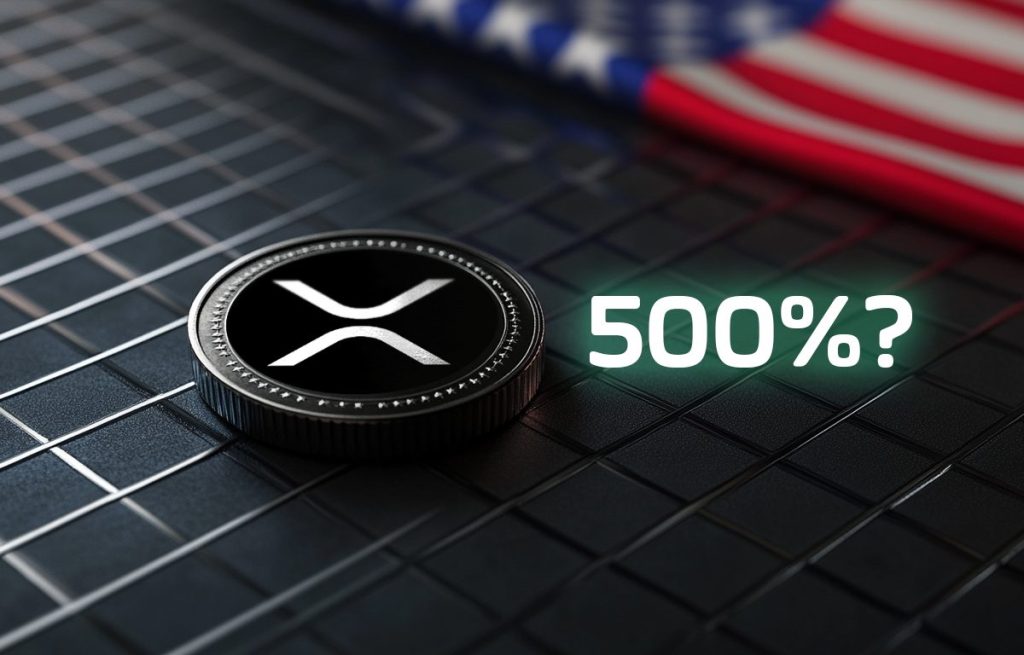 XRP logo ja 500 % tekstinä.