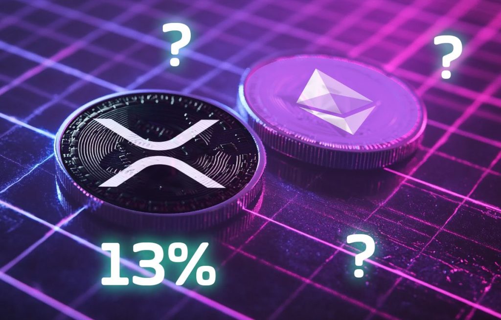 XRP ja Ethereum kolikot, kysymysmerkkejä ja 13%.