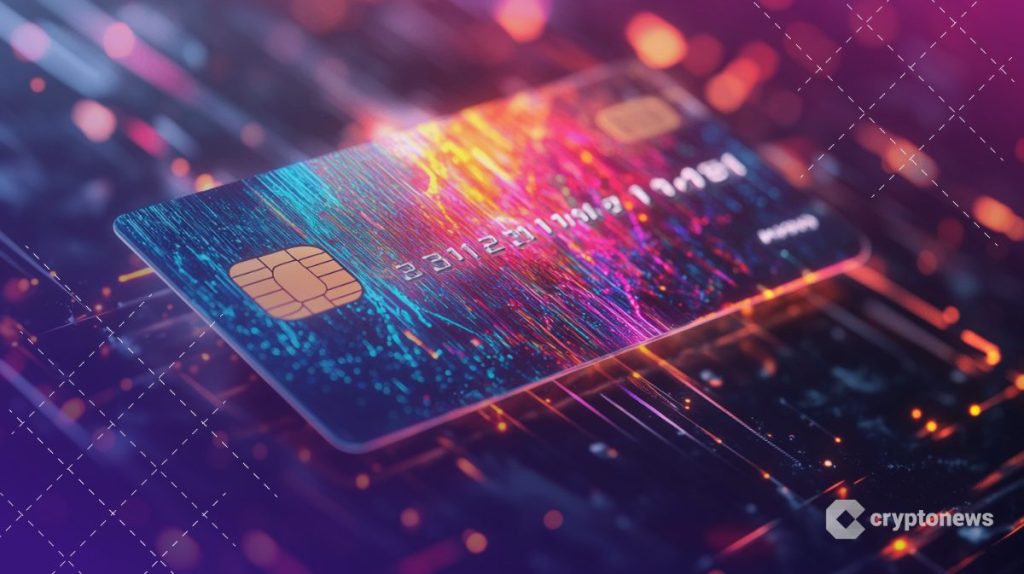 Mastercard-stablecoin-kuvituksessa luottokortti ja digipöhinää.