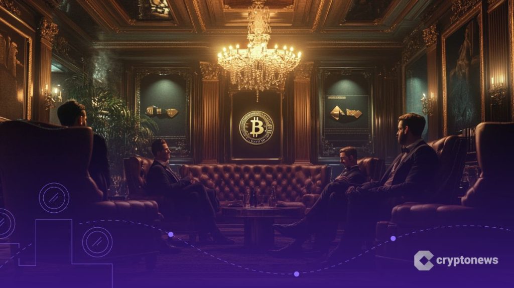 Trumpin lähipiiri -kuvassa miehiä kokoontumassa Bitcoin logon ympärille.