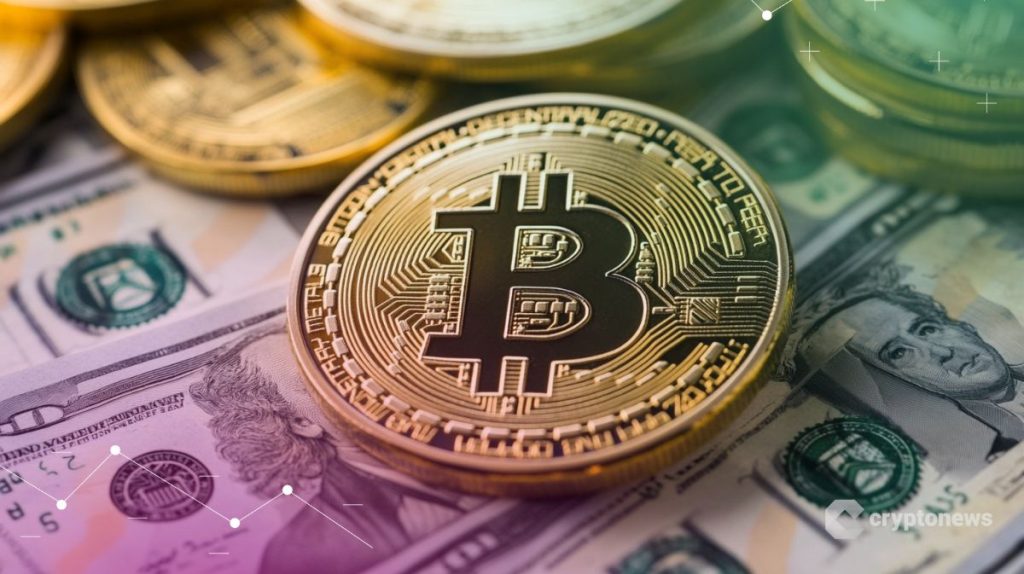 Bitcoin kolikoita ja dollariseteleitä