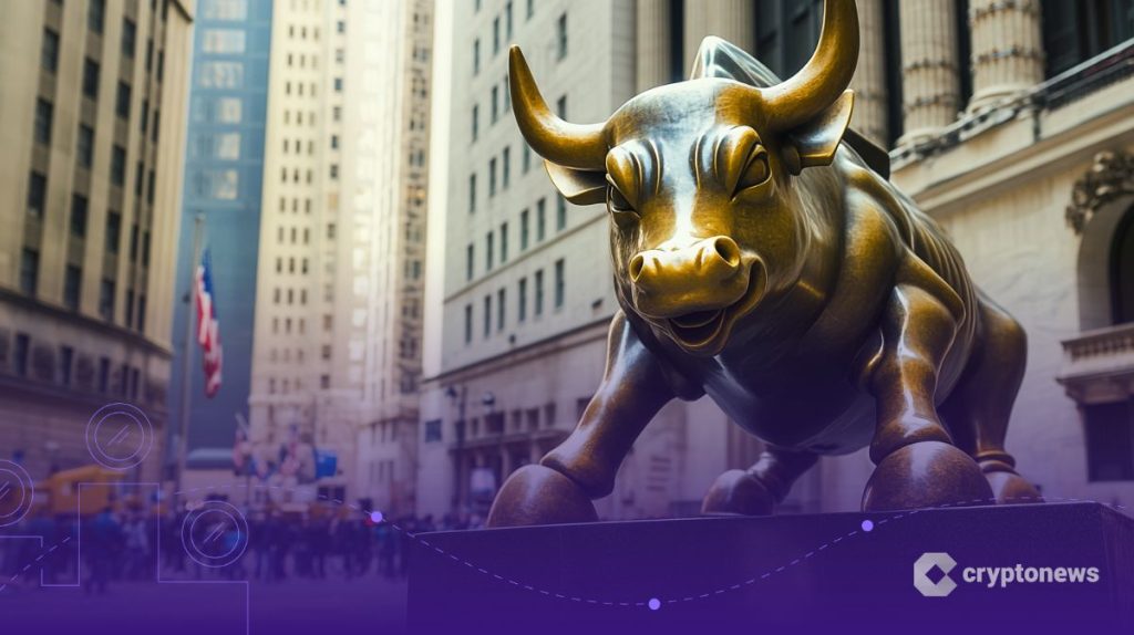 Bitcoin uutisen kuvituksena wall street -härkä.