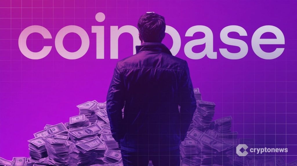 Coinbase teksti, jonka edessä mies seisoo selkä kameraan. Miehen edessä kasa rahaa.