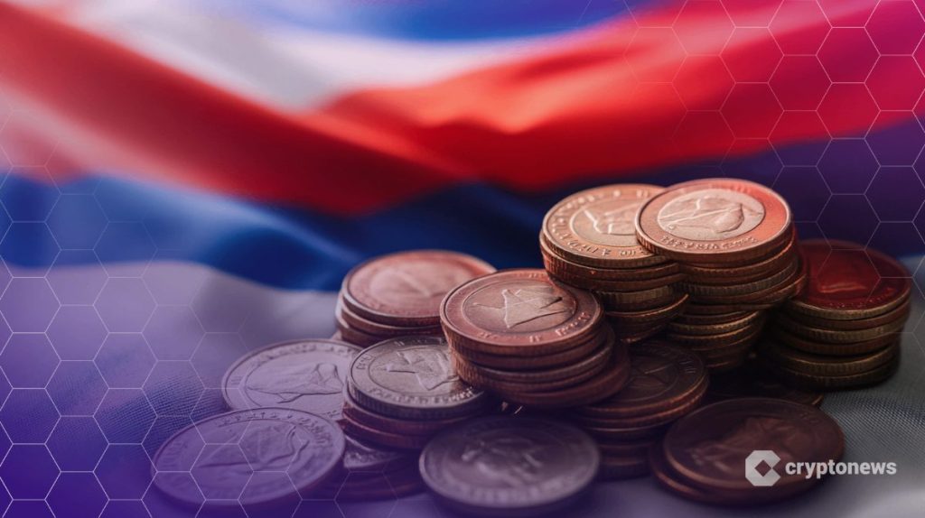 A7A5-stablecoin kuvituksena venäjän lipun osa ja kolikoita