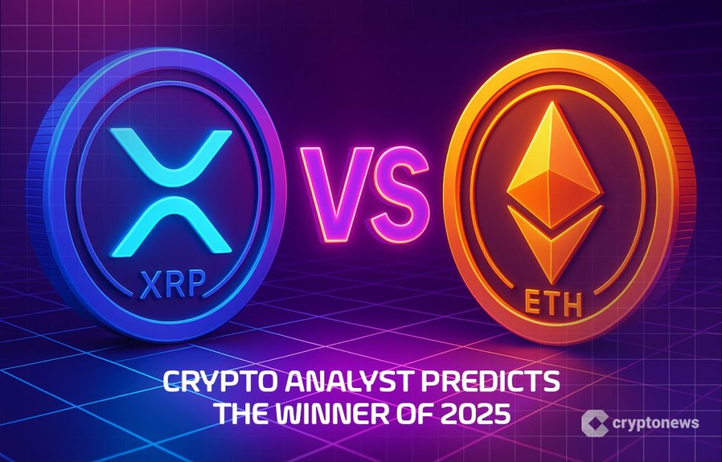 XRP VS Ethereum, valuuttojen logot mustalla taustalla.