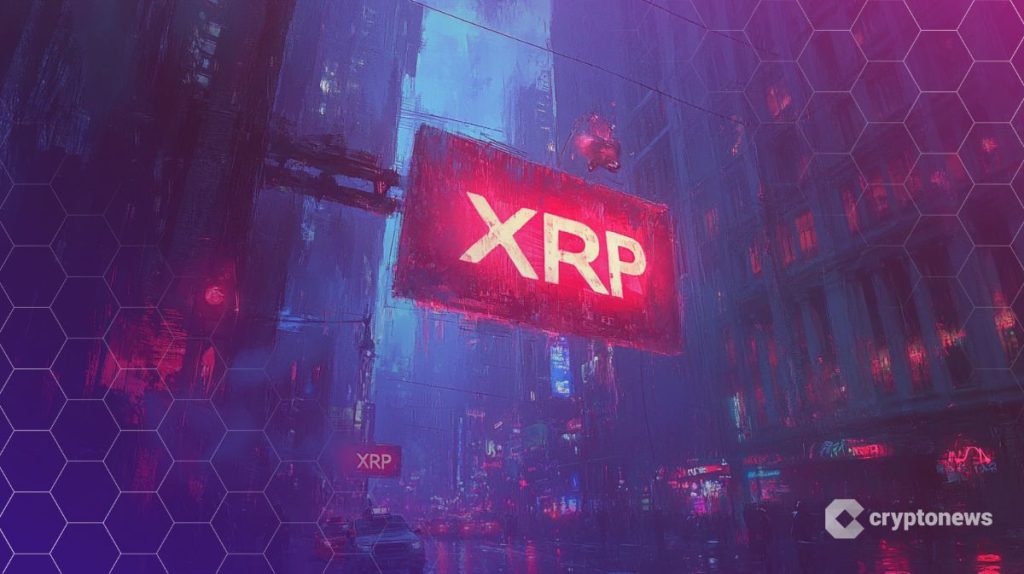 Punainen XRP-kyltti futuristisen kaupungin kadulla.